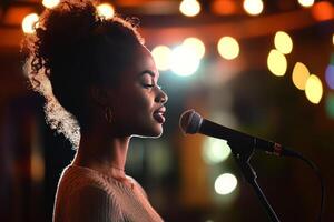 A woman singing into a microphone at night photo