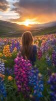 A woman sitting in a field of flowers at sunset photo