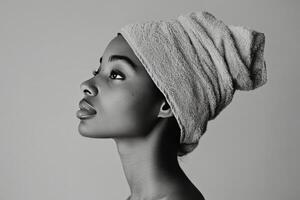 Black and white portrait of a beautiful african woman with towel on head photo