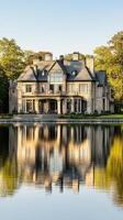 A large mansion is reflected in the water photo