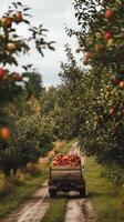 A truck filled with apples is driving down a dirt road photo