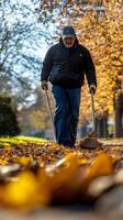 A man is sweeping leaves on the ground photo