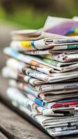A stack of newspapers on a wooden table photo