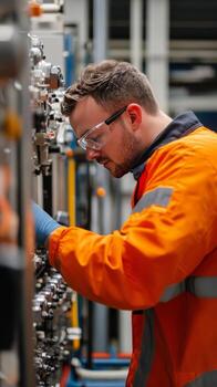A man in an orange safety suit working on a machine photo