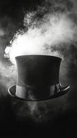 A black and white photo of a top hat with smoke coming out of it