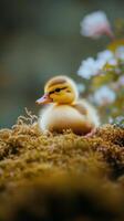 A baby duck sitting on top of moss photo