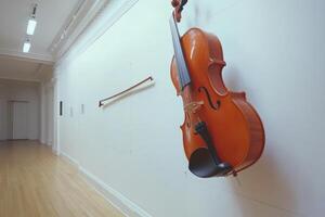 A violin hanging on the wall in a hallway photo