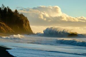 A wave crashes on the shore of a beach photo