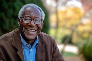 An older man with glasses and a brown jacket smiling photo