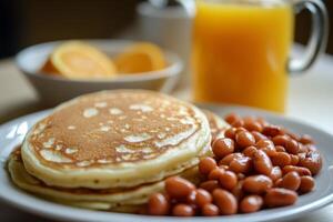 A plate of pancakes and beans with orange juice photo