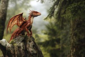 A red dragon is sitting on a tree stump photo