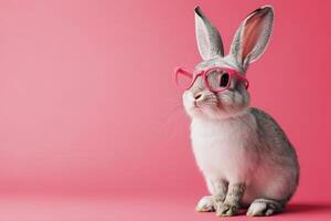 A cute rabbit wearing pink glasses on a pink background photo