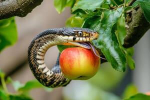 A snake eating an apple on a tree branch photo