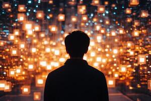 A man standing in front of a room filled with lights photo