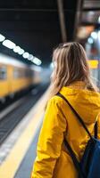 A woman in a yellow jacket standing in front of a train photo