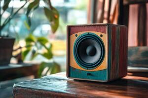 A colorful speaker sits on a wooden table photo