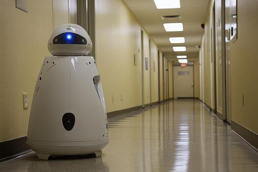 A white robot is standing in a hallway photo