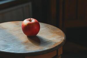 A red apple sitting on a wooden table photo