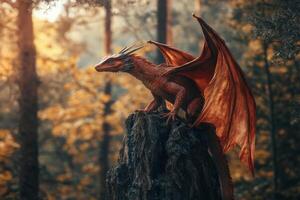 A red dragon sits on a tree stump in the forest photo