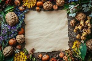 Autumn background with paper and nuts on wooden background photo