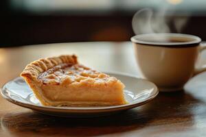 A piece of pie on a plate next to a cup of coffee photo