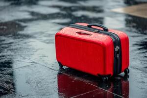 A red suitcase sitting on the ground in the rain photo