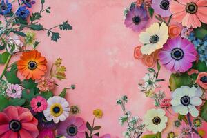 A colorful floral arrangement on a pink background photo