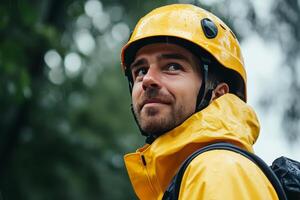 A man in a yellow rain jacket and helmet photo