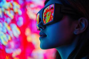 A woman wearing 3d glasses in front of a colorful background photo