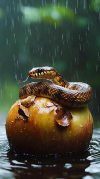 A snake is sitting on top of an apple photo