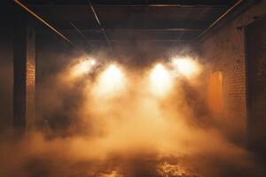 A dark room with smoke coming out of the ceiling photo