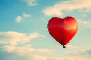 A red heart shaped balloon is floating in the sky photo