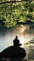 A person sitting on a rock by a lake photo