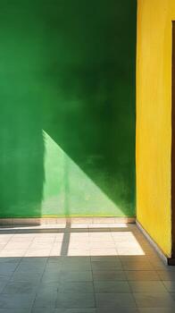 An empty room with a green wall and yellow door photo