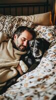 A man and his dog sleeping in bed photo