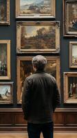A man looking at paintings in an art gallery photo