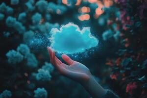 A hand holding a cloud in front of a flowery background photo