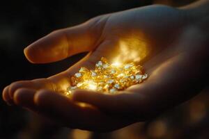 A person holding a handful of gold in their hand photo