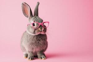 Funny rabbit wearing glasses on pink background photo