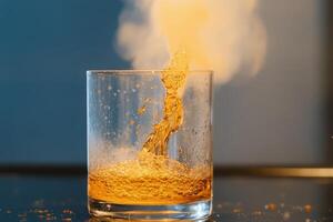 A glass of orange liquid being poured into it photo