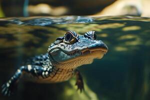 A close up of an alligator swimming in water photo
