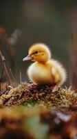 A baby duck sitting on top of moss photo