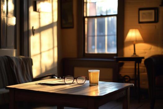 A table with a glass of beer and a book photo
