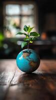 Earth globe on wooden table with plant photo