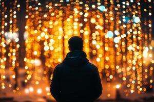 A man standing in front of a lighted up background photo
