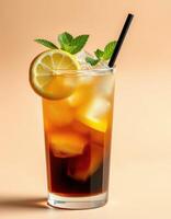 Refreshing iced tea garnished with lemon and mint for a delightful summer drink photo
