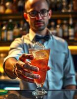 Bartender serving a refreshing cocktail with a slice of lemon at a lively bar in the evening photo