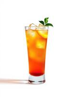 Refreshing iced tea with lemon and mint in a tall glass on a white background photo