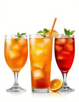 Refreshing summer drinks served in elegant glasses with ice and mint leaves photo