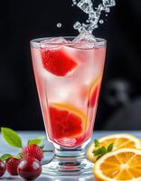 Refreshing berry and citrus beverage with ice and splash served in a tall glass in a bright setting photo